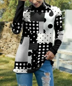 Budget ⭐ IZURIA Black & White Polka Dot Patchwork Shoulder-Zip Turtleneck Top - 👩 Women ⭐