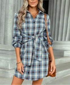 Discount ⌛ IZURIA Blue & White Plaid Tie-Front Long-Sleeve Button-Up 👗 Dress - 👩 Women 🎉
