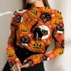 New 😉 IZURIA Orange & Black Pumpkin Cat Ruched Long-Sleeve Top - 👩 Women 😉