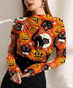 New 😉 IZURIA Orange & Black Pumpkin Cat Ruched Long-Sleeve Top - 👩 Women 😉