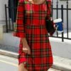 Best Pirce ⭐ IZURIA Red & Green Plaid Three-Quarter Bell-Sleeve 👗 Dress - 👩 Women 🎁
