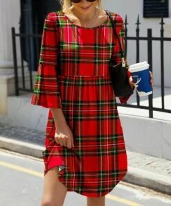 Best Pirce ⭐ IZURIA Red & Green Plaid Three-Quarter Bell-Sleeve 👗 Dress - 👩 Women 🎁