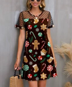 Wholesale 💯 IZURIA Chocolate 🍬 Candy Cane Mesh-Accent A-Line 👗 Dress - 👩 Women ⌛