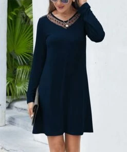 New ❤️ IZURIA Navy Polka Dot Sheer-Accent V-Neck Shift 👗 Dress - 👩 Women ✔️