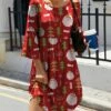 Coupon ✨ IZURIA Red Santa Tree Three-Quarter Bell-Sleeve Empire-Waist 👗 Dress - 👩 Women 😉