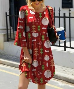 Coupon ✨ IZURIA Red Santa Tree Three-Quarter Bell-Sleeve Empire-Waist 👗 Dress - 👩 Women 😉