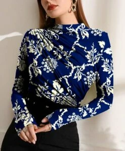 New 🧨 IZURIA Blue & White Floral Ruched-Front Long-Sleeve Top - 👩 Women & Plus 😉