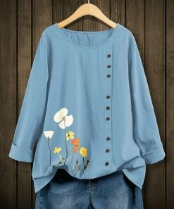 Buy 🤩 IZURIA Sky Blue Floral Side-Button Long-Sleeve Top - 👩 Women 😍