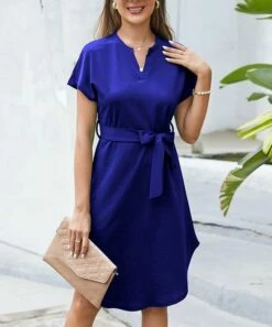Buy 🛒 IZURIA Royal Blue Belted Short-Sleeve Notch Neck 👗 Dress - 👩 Women ⭐