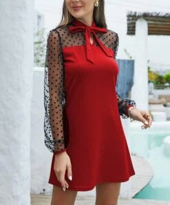 Coupon ⌛ IZURIA Red Sheer-Sleeve Bow-Tie A-Line 👗 Dress - 👩 Women 🔔