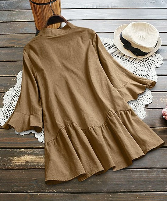 Brand new π IZURIA Khaki Ruffle-Accent Notch Neck Top - π© Women π 2 Brand new π IZURIA Khaki Ruffle-Accent Notch Neck Top - π© Women π - Image 2