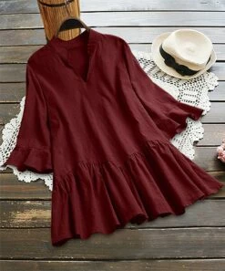 Discount 🎁 IZURIA Wine Ruffle-Accent Notch Neck Top - Plus 👍