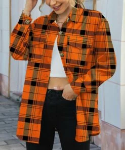 Wholesale ✨ IZURIA Orange Plaid Chest-Pocket Button-Up Shacket - 👩 Women & Plus 👏