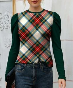 Discount π€© IZURIA Dark Green & Red Plaid Puff-Sleeve Top - Plus π―