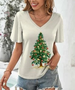 Brand new 😀 IZURIA White & Green Xmas Tree V-Neck Bell-Sleeve Top - Plus ❤️