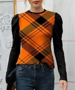 Brand new 🧨 IZURIA Tangerine Plaid Puff-Sleeve Top - 👩 Women 🔥