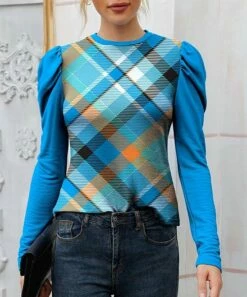 Flash Sale π€© IZURIA Sky Blue & Orange Plaid Mutton-Sleeve Top - π© Women π