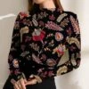 Discount 🔥 IZURIA Black & Red Floral Ruched-Front Long-Sleeve Top - 👩 Women & Plus 🤩