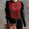 Cheapest 👏 IZURIA Black & Red Tartan Contrast Button-Accent Puff-Sleeve Crewneck Top - Plus 🎁