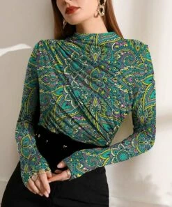 Best Pirce 🤩 IZURIA Green & Lime Floral Paisley-Accent Ruched-Front Long-Sleeve Top - 👩 Women 🌟