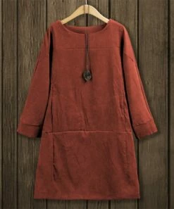 Buy 😉 IZURIA Brick-Red Corduroy Long-Sleeve Drop-Waist Shift 👗 Dress - 👩 Women 🔥