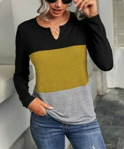 Cheapest 🔥 IZURIA Yellow & Gray Color Block Notch Neck Long-Sleeve Tee - 👩 Women ✨