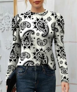 Cheapest ⌛ IZURIA White & Black Paisley Mutton-Sleeve Crewneck Top - 👩 Women 🌟