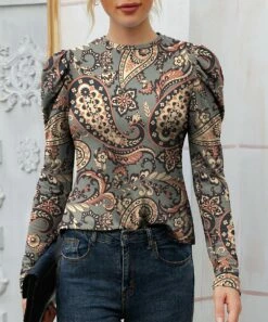 Cheap ⌛ IZURIA Slate Blue & Coral Floral Puff-Sleeve Crewneck Top - 👩 Women ❤️