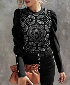 Wholesale 🥰 IZURIA Black & White Floral Button-Accent Mutton-Sleeve Top - Plus 👏