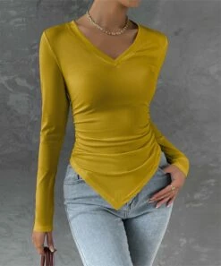 Buy 🌟 IZURIA Yellow Side-Shirred Triangle-Hem V-Neck Top - 👩 Women ✔️
