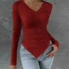 Cheap 🎉 IZURIA Red Ruched Triangle-Hem V-Neck Top - 👩 Women 😀