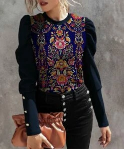 Cheap ⭐ IZURIA Blue & Pink Floral Button-Accent Balloon-Sleeve Top - 👩 Women & Plus 🥰