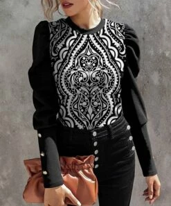 Best Sale 🤩 IZURIA Black & White Arabesque Button-Accent Mutton-Sleeve Top - Plus 😍