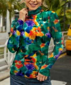 Outlet ❤️ IZURIA Green & Yellow Blurred Floral Long-Sleeve Mock Neck Top - 👩 Women 🥰