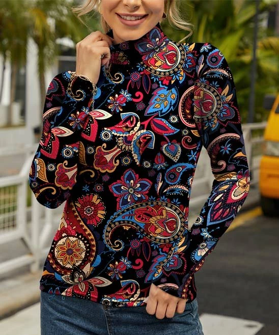 Hot Sale π IZURIA Black & Red Floral Paisley-Accent Long-Sleeve Mock Neck Top - π© Women β 1 Hot Sale π IZURIA Black & Red Floral Paisley-Accent Long-Sleeve Mock Neck Top - π© Women β