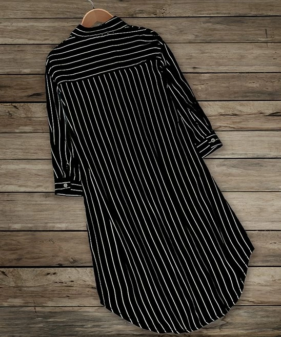 Discount ⌛ IZURIA Black Stripe Pocket Longline Hi-Low Button-Up - 👩 Women 🛒 2 Discount ⌛ IZURIA Black Stripe Pocket Longline Hi-Low Button-Up - 👩 Women 🛒 - Image 2