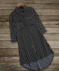 Discount ⌛ IZURIA Black Stripe Pocket Longline Hi-Low Button-Up - 👩 Women 🛒