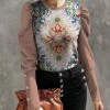 Buy 🛒 IZURIA Pink & Blue Abstract Floral Button-Accent Long Puff-Sleeve Top - 👩 Women & Plus 🧨