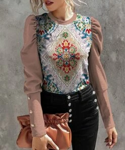 Buy 🛒 IZURIA Pink & Blue Abstract Floral Button-Accent Long Puff-Sleeve Top - 👩 Women & Plus 🧨