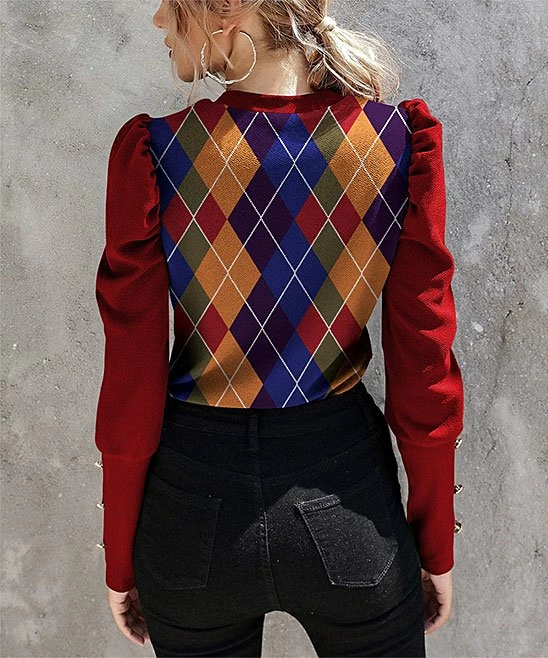 Top 10 π₯° IZURIA Red & Blue Geometric Button-Accent Mutton-Sleeve Top - π© Women β€οΈ 2 Top 10 π₯° IZURIA Red & Blue Geometric Button-Accent Mutton-Sleeve Top - π© Women β€οΈ - Image 2