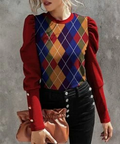 Top 10 🥰 IZURIA Red & Blue Geometric Button-Accent Mutton-Sleeve Top - 👩 Women ❤️