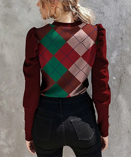 Hot Sale ❤️ IZURIA Red & Pink Geometric Button-Accent Puff-Sleeve Top - 👩 Women 👍 2 Hot Sale ❤️ IZURIA Red & Pink Geometric Button-Accent Puff-Sleeve Top - 👩 Women 👍 - Image 2