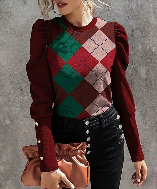 Hot Sale ❤️ IZURIA Red & Pink Geometric Button-Accent Puff-Sleeve Top - 👩 Women 👍 1 Hot Sale ❤️ IZURIA Red & Pink Geometric Button-Accent Puff-Sleeve Top - 👩 Women 👍