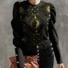 Buy 🤩 IZURIA Black & Golden Moon & Sun Button-Accent Puff-Sleeve Top - 👩 Women 🔥