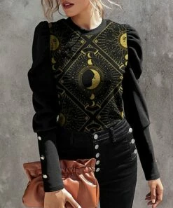 Buy 🤩 IZURIA Black & Golden Moon & Sun Button-Accent Puff-Sleeve Top - 👩 Women 🔥