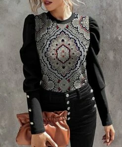 Brand new 😍 IZURIA Black & White Medallion Button-Accent Long Puff-Sleeve Top - 👩 Women 💯