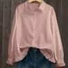 Deals 🥰 IZURIA Pink Ruffle-Accent Linen-Blend Button-Up - Plus 👍