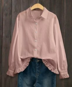 Deals 🥰 IZURIA Pink Ruffle-Accent Linen-Blend Button-Up - Plus 👍