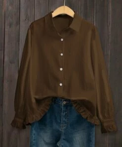 Promo 😉 IZURIA Coffee Ruffle-Accent Linen-Blend Button-Up - 👩 Women & Plus 😀