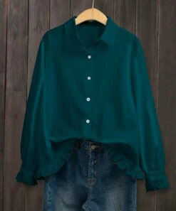 Hot Sale β IZURIA Peacock Blue Ruffle-Accent Linen-Blend Button-Up - π© Women π